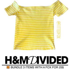 DIVIDED | H&M CROPPED TEE | OFF THE SHOULDER | YELLOW & WHITE | SMALL | NWOT